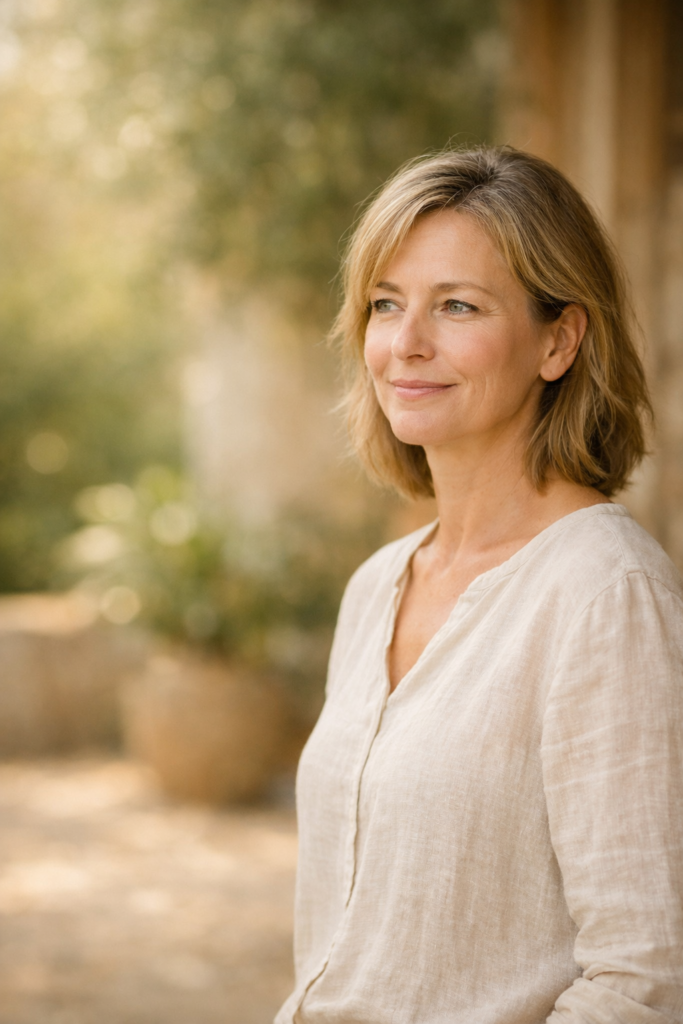 Eine Frau schaut entspannt nach einem Vivere Vital Retreat