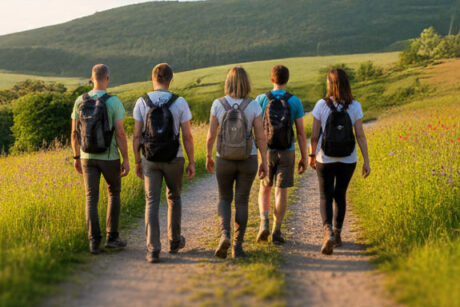 Eine Gruppe mit Vivere Vital mit Yoga und Wandern in der Eifel unterwegs. Entspannung und Erholung für Körper, Geist und Seele.