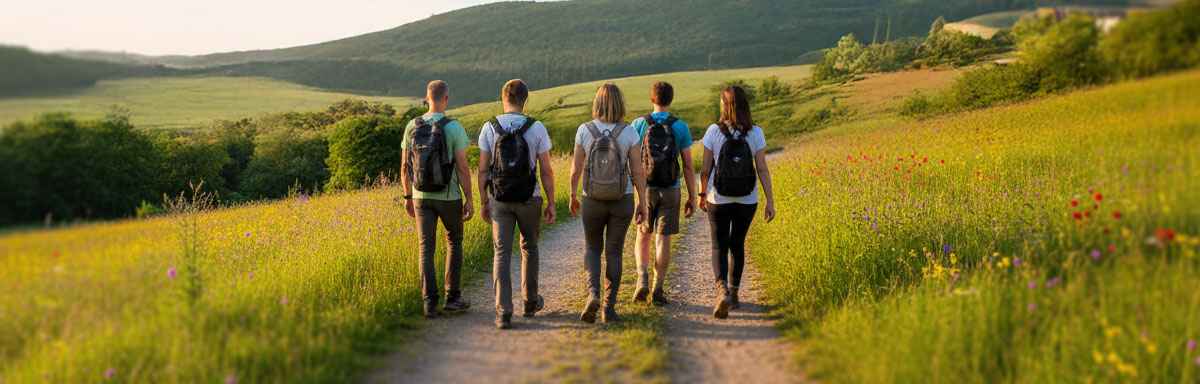 Eine Gruppe mit Vivere Vital mit Yoga und Wandern in der Eifel unterwegs. Entspannung und Erholung für Körper, Geist und Seele.