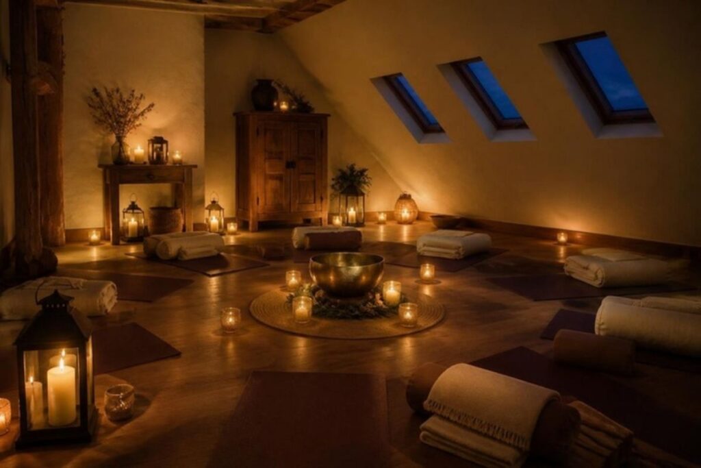 Gemütlicher Yogaraum mit Dachschräge, Yogamatten, Decken und Kerzen – Candlelight-Klang Day Retreat in Ratingen